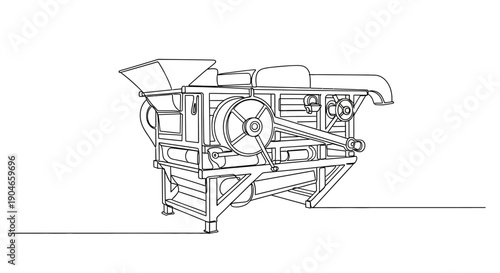 Continuous line drawing of a vintage agricultural threshing machine used for crop harvesting and grain separation.