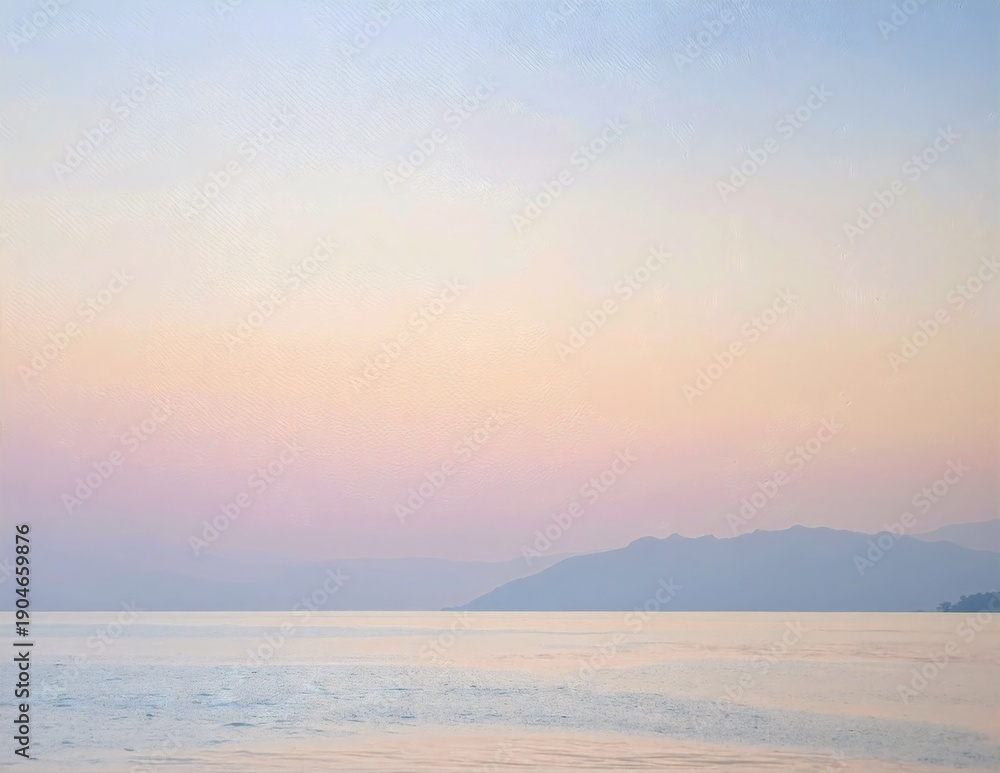 Obraz premium a serene painting of the ocean with gentle waves, distant snow‑capped mountains, and a soft pastel sky in the background