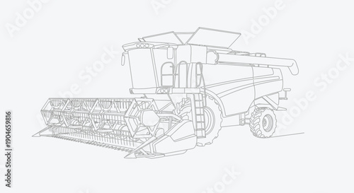 Detailed line drawing of a modern combine harvester for agricultural use.