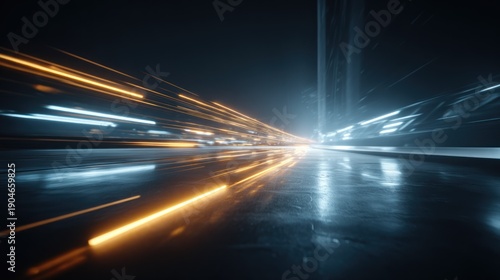 Abstract futuristic digital art of light streaks and reflections in dark space