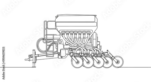 Detailed line art illustration of a modern agricultural seed planter machine for farming.
