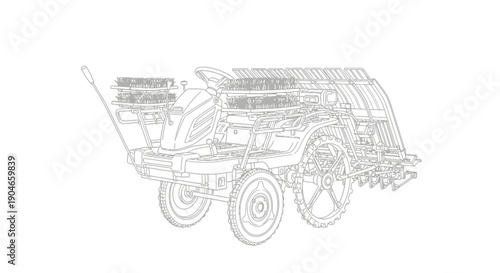 Detailed line drawing illustration of a modern agricultural planting machine for farming operations.