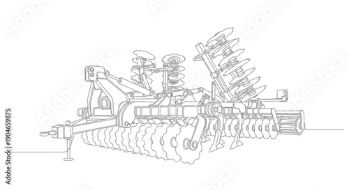 Technical line drawing illustration of a modern agricultural disc harrow for soil cultivation and seedbed preparation.
