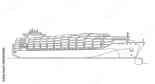Detailed line drawing illustration of a large cargo container ship loaded with shipping containers, depicted in a side profile view.