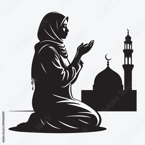 Silhouette of a woman praying while sitting in yoga pose with a child and a cat, in a simple black vector illustration