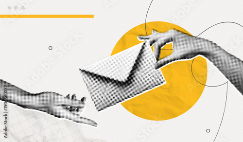 Trendy Halftone Collage Two Hands exchanging mail envelope. Hand passes letter to recipient. Forward document by email. Online newsletter. Contemporary vector illustration art