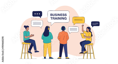 Diverse business team in a training session, discussing ideas and learning together with speech bubbles.