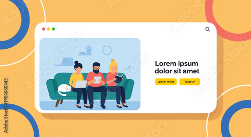 Diverse group of people and a cat relaxing on a couch, engaged in reading and using laptops at home, conveying a peaceful lifestyle.