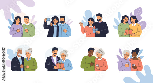 Diverse Group of People Celebrating, Giving Gifts, and Using Phones.