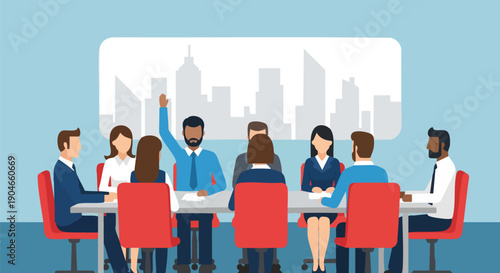 Diverse professionals in a modern meeting room discussing ideas with one person raising hand for a question.