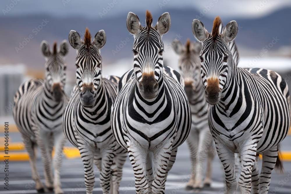 Naklejka premium Zebras walking in a line through an open area with mountains in the background