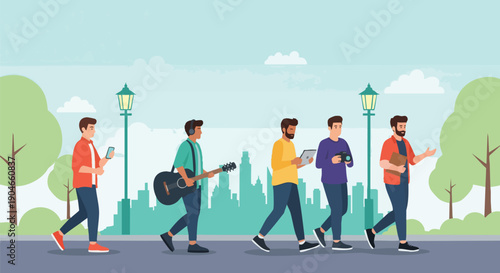 Diverse Young Men Walking in Park with Technology, Music, and Photography Elements.
