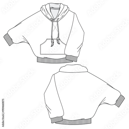 Ladies oversized cowl neck hoodies design technical flat sketch vector mockup template.