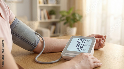 Person measuring blood pressure at home with digital monitor  