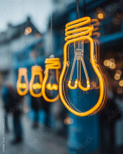 Neon idea magnet icons in foreground, creative team brainstorming behind glass