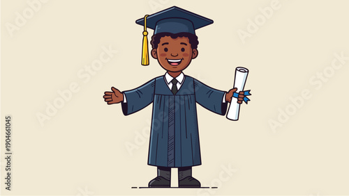 Happy young boy in graduation cap and gown holding diploma.