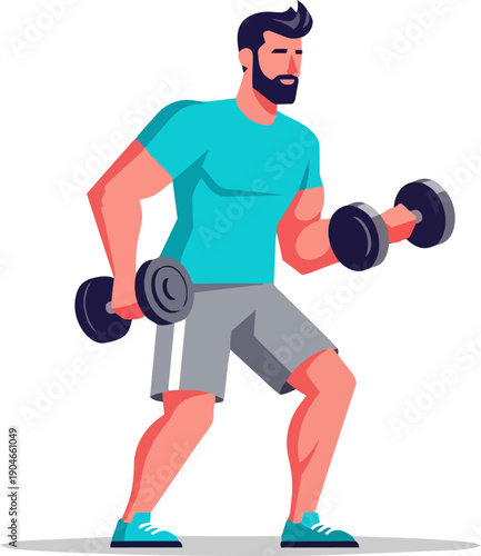 Man exercising with dumbbells in a fitness routine at the gym from a side viewpoint