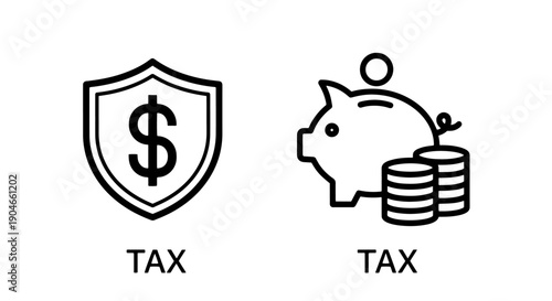 Tax Protection and Savings Icon: Shield with Dollar Sign and Piggy Bank with Coins for Tax