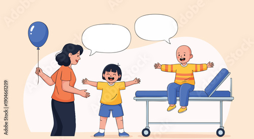 Happy Children with Mother and Balloon Celebrating Recovery or Good News at Hospital.