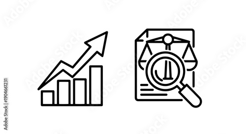 Legal Financial Analysis Icon: Upward Trend Bar Chart and Magnifying Glass on Scales of Justice Document