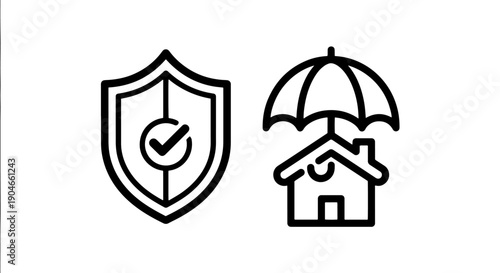 Home Insurance and Property Protection Icon: Shield with Checkmark and House with Umbrella Coverage