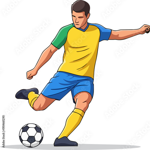 Illustration of a soccer player kicking a ball with intense focus and dynamic movement