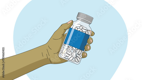 Hand holding a transparent medicine bottle full of white round tablets with a blue label on a circular background.