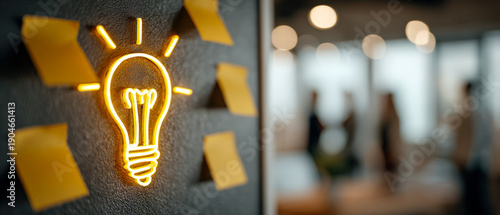 Neon Eco Lightbulb Icon Glowing with Team Collaborating on Green Sustainable Ideas