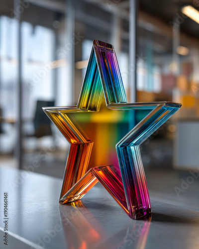 Rainbow star recognition token on office table with team meeting behind glass wall