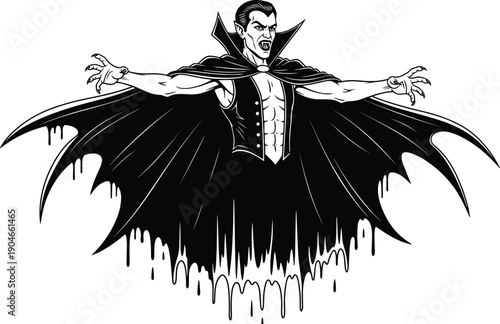 Black and white vector illustration of a scary male vampire with fangs and a large flowing cape for gothic horror and Halloween design concepts
