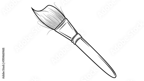 Single artist paint brush with bristles dipped in paint shown in a detailed black and white sketch style for art concepts.