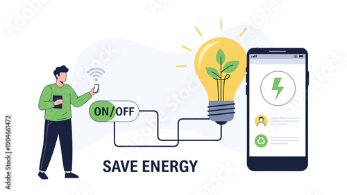 Man using a mobile app to control household energy savings with an illuminated light bulb containing green leaves.