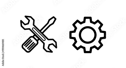Mechanic & Engineering Tools Icons: Crossed Wrench, Screwdriver, and Cog