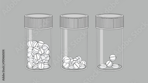 Black and white line art illustration comparing three medicine bottles with varying amounts of round pills inside them.