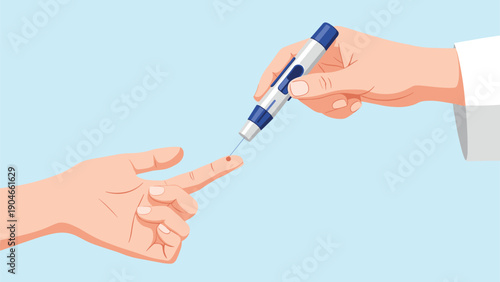 Close up of a medical professional using a lancing device to collect a blood sample from a patient finger for testing.