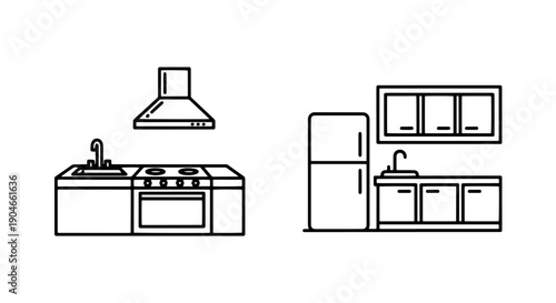 Minimalist Kitchen Layout and Appliance Outline Icons featuring Refrigerator, Cooktop, Sink, and Cabinets