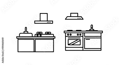 Cooking Area and Kitchen Appliance Line Art Icons with Stoves, Ovens, Sinks, and Range Hoods for Home Design