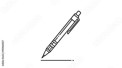 Simple line art illustration of a retractable ballpoint pen isolated on a white background for office stationery concept.