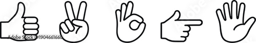 Black and white line art set of hand gesture icons including thumbs up, peace sign, OK sign, pointing hand, and raised hand. Simple outline symbols ideal for UI, web, apps, and infographics.