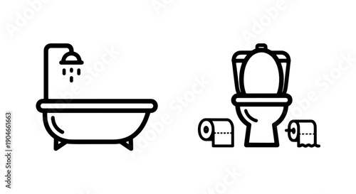 Essential Bathroom Fixture Line Icons with Bathtub, Shower, Toilet, and Toilet Paper for Restroom Signage