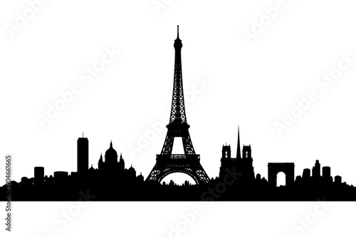 Paris city skyline silhouette with Eiffel Tower and historic landmarks, panoramic black vector illustration of French capital isolated on white background for travel design
