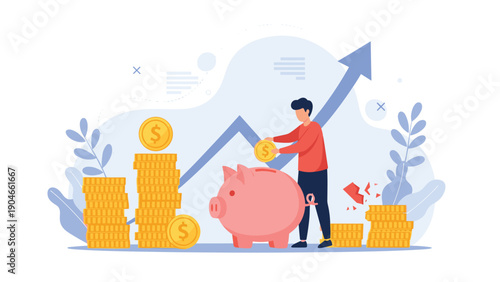 Financial growth and savings concept with a man putting gold coins into a large pink piggy bank against rising graph.