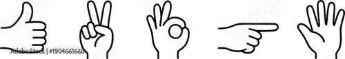 Hand gesture icons set in outline style, vector illustration of thumbs up, peace sign, OK gesture, pointing finger and open palm for UI and communication design