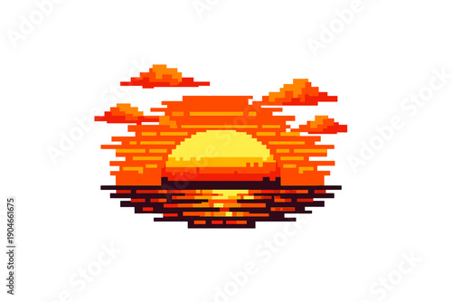 Pixel art illustration of a vibrant sunset over the sea with clouds and glowing sun reflected on water. Retro 8-bit style landscape perfect for games, digital art, backgrounds, and nostalgic designs.