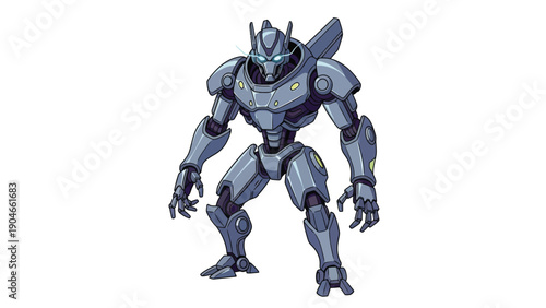 A futuristic robot with a metallic blue body and a helmet stands aggressively on a plain white background with a dark and ominous mood.