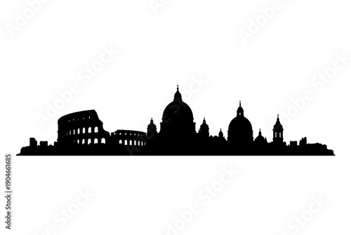 Rome city skyline silhouette with Colosseum and St Peters Basilica, panoramic black vector illustration of historic Italian capital isolated on white background