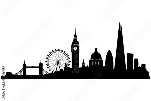 London city skyline silhouette with Big Ben, London Eye, St Pauls Cathedral and modern skyscrapers, panoramic black vector illustration isolated on white background