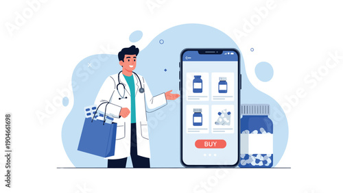 Male doctor presenting mobile app for online medicine shopping with various pharmaceutical bottles and pill packs on screen.