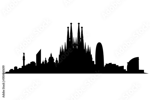 Barcelona city skyline silhouette with Sagrada Familia and modern landmarks, panoramic black vector illustration of Spanish city isolated on white background design art