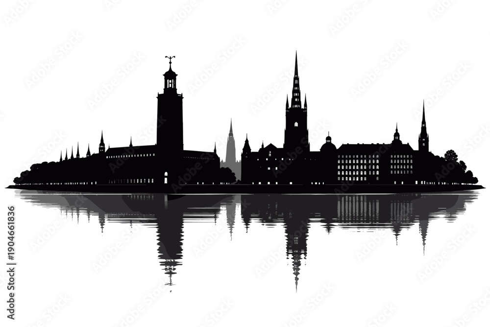 Fototapeta premium Black silhouette illustration of Stockholm skyline with the iconic City Hall tower and historic spires reflected on water. Minimal panoramic cityscape design ideal for travel, architecture